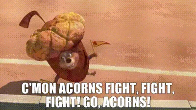 The image is a split-screen showing three frames of a cartoon acorn character running in a race, with a crowd of animated…