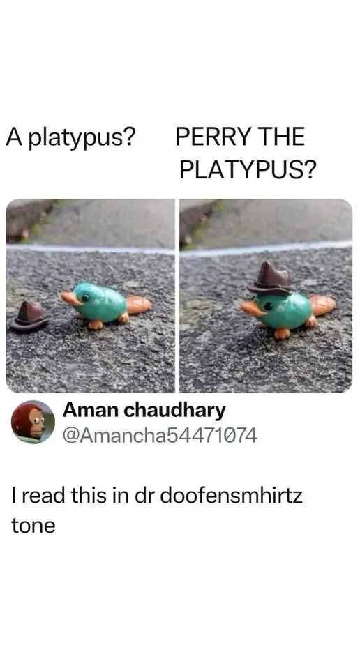 Two side-by-side photos show a small green platypus figurine on pavement. In the left photo, the figurine is next to a tiny…