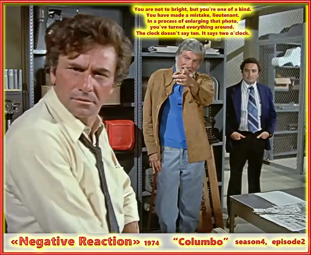 A still from the 1974 Columbo episode 'Negative Reaction' shows Lieutenant Columbo (Peter Falk) looking sternly at a man in…