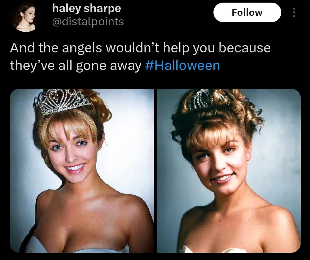 A side-by-side photo shows two women, both wearing tiaras and strapless dresses, with the left image appearing noticeably…