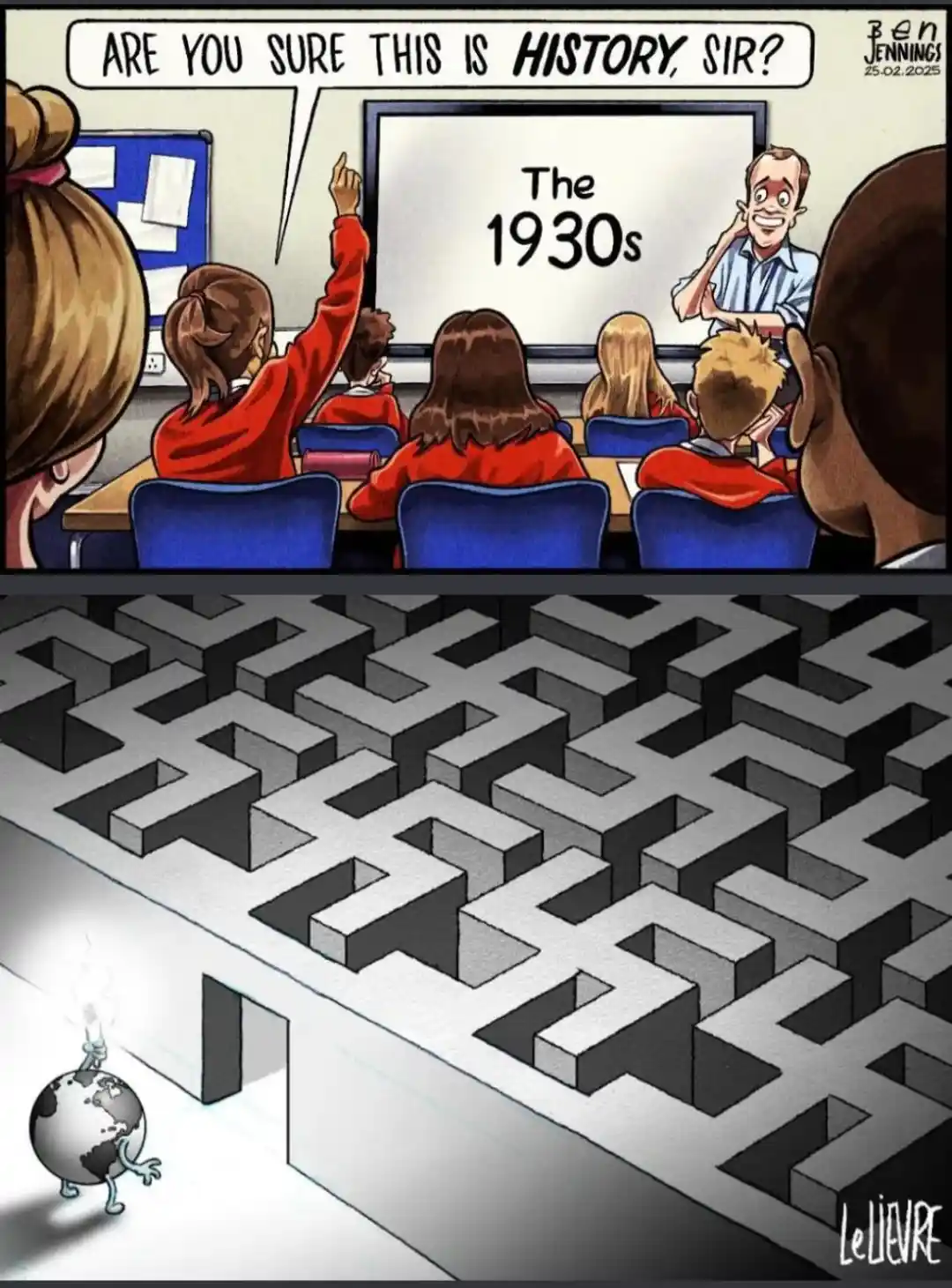 The top panel shows a classroom where a student asks a teacher, "ARE YOU SURE THIS IS HISTORY, SIR?" while pointing at a…