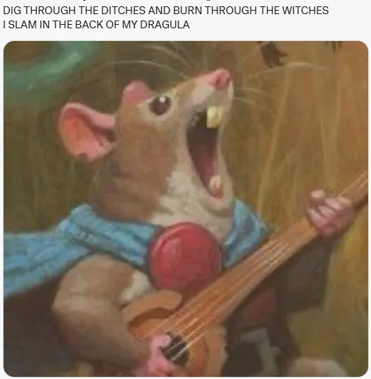A painting-style image of a brown mouse wearing a blue scarf and holding a small stringed instrument, with its mouth wide…