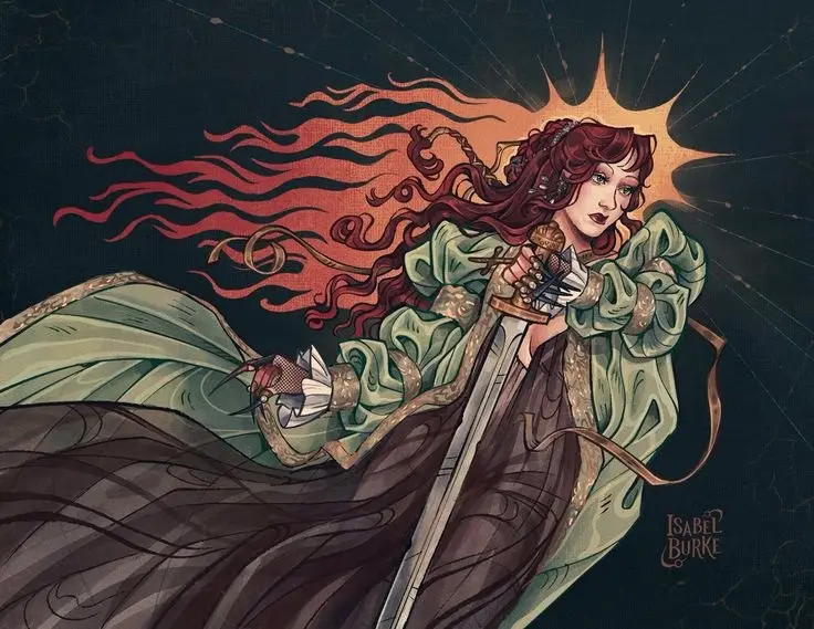 A fantasy illustration of a woman with long red hair and a green cloak, holding a sword with a determined expression. Her…
