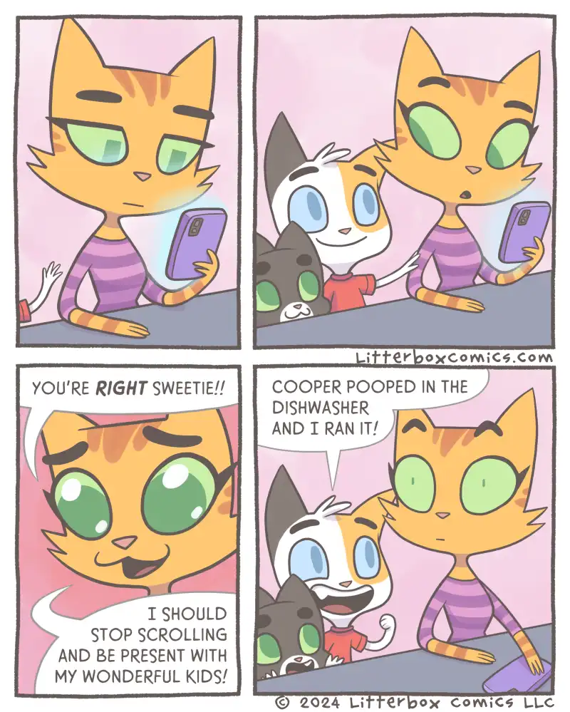 A four-panel comic strip featuring three cartoon cats. In the first panel, an orange tabby cat looks bored while scrolling…