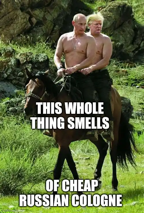 Two shirtless men, identified as Vladimir Putin and Donald Trump, are riding a single horse through a grassy, rocky outdoor…