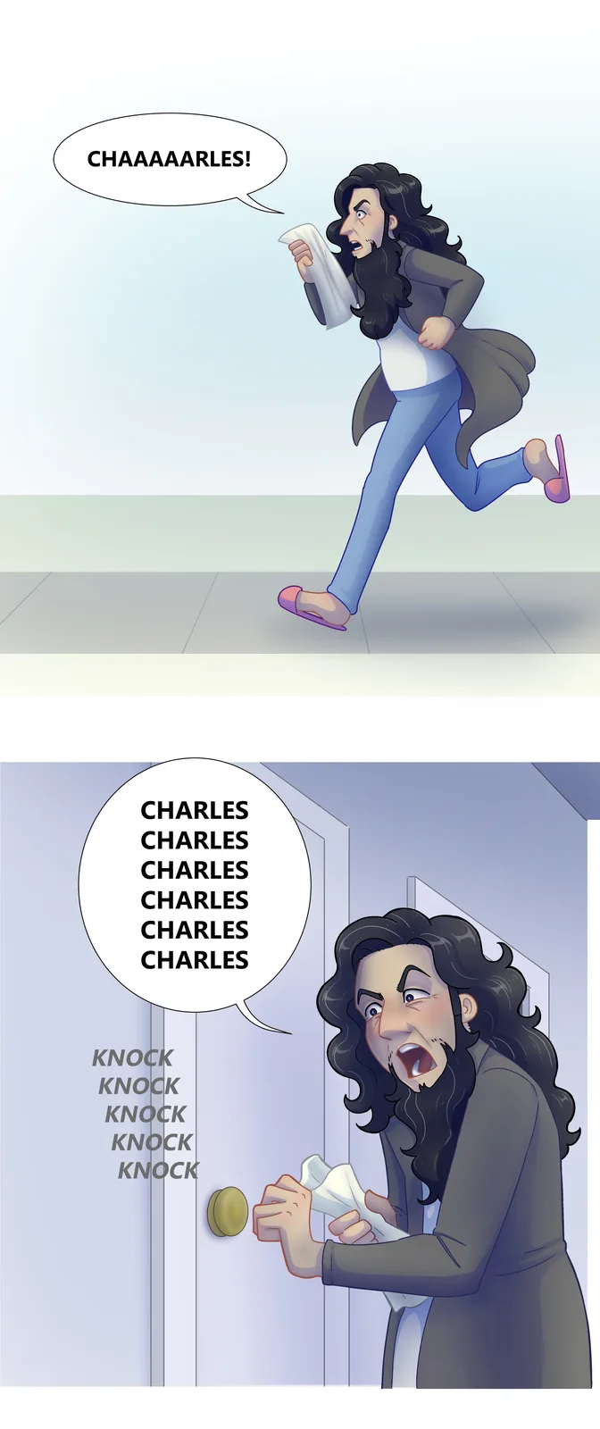 A cartoon man with long dark hair and a beard runs frantically while shouting 'CHAAAAARLES!' in the top panel. In the bottom…