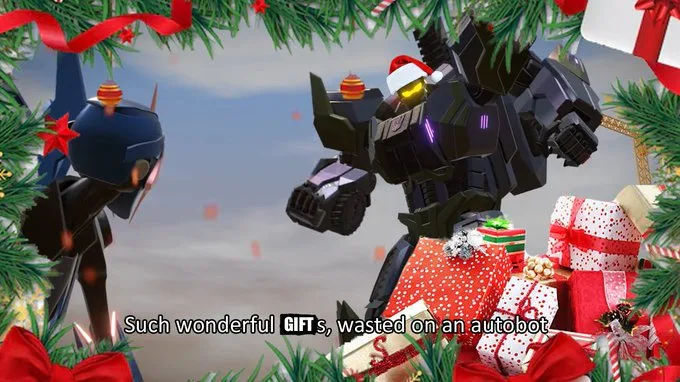 Two robot characters, one wearing a Santa hat, stand amidst Christmas decorations and wrapped presents. The image is framed…