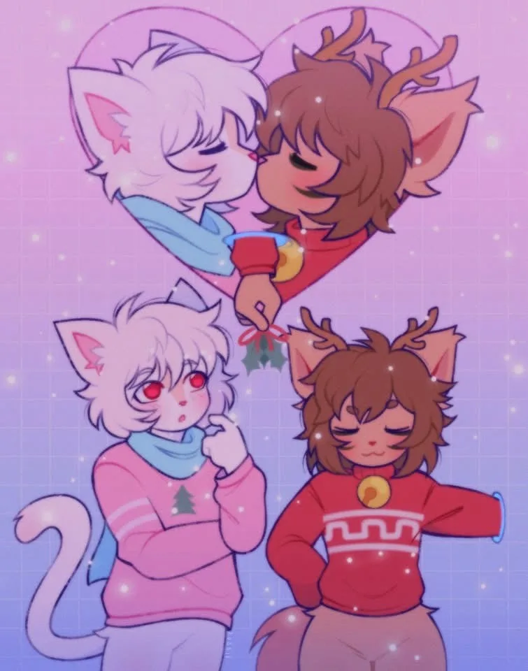 Two anthropomorphic cat characters, one white with pink ears and one brown with deer antlers, are shown in a romantic…