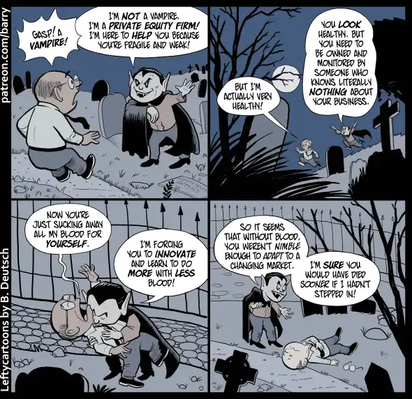 A four-panel comic strip depicts a vampire in a graveyard introducing himself as a private equity firm to a terrified…