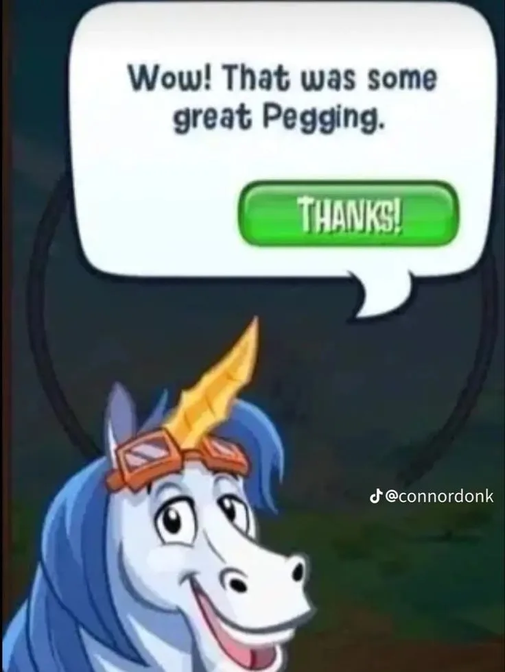 A cartoon unicorn with blue hair and a golden horn, wearing orange goggles, smiles happily while a speech bubble above its…
