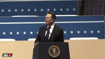 A sequence of six images shows Elon Musk at a podium with a presidential seal, initially speaking, then gesturing, then…