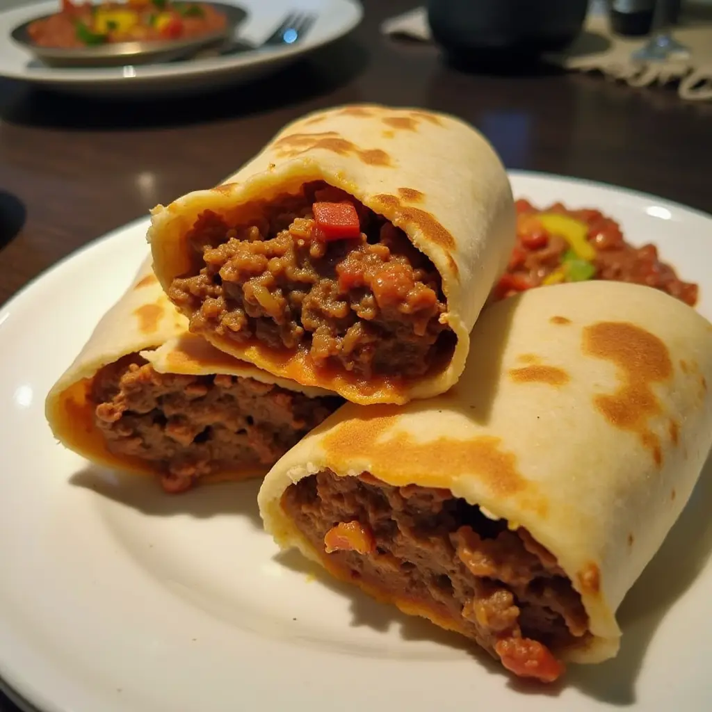 A close-up photo shows a plate with three burritos, one sliced in half to reveal a filling of seasoned ground meat and…