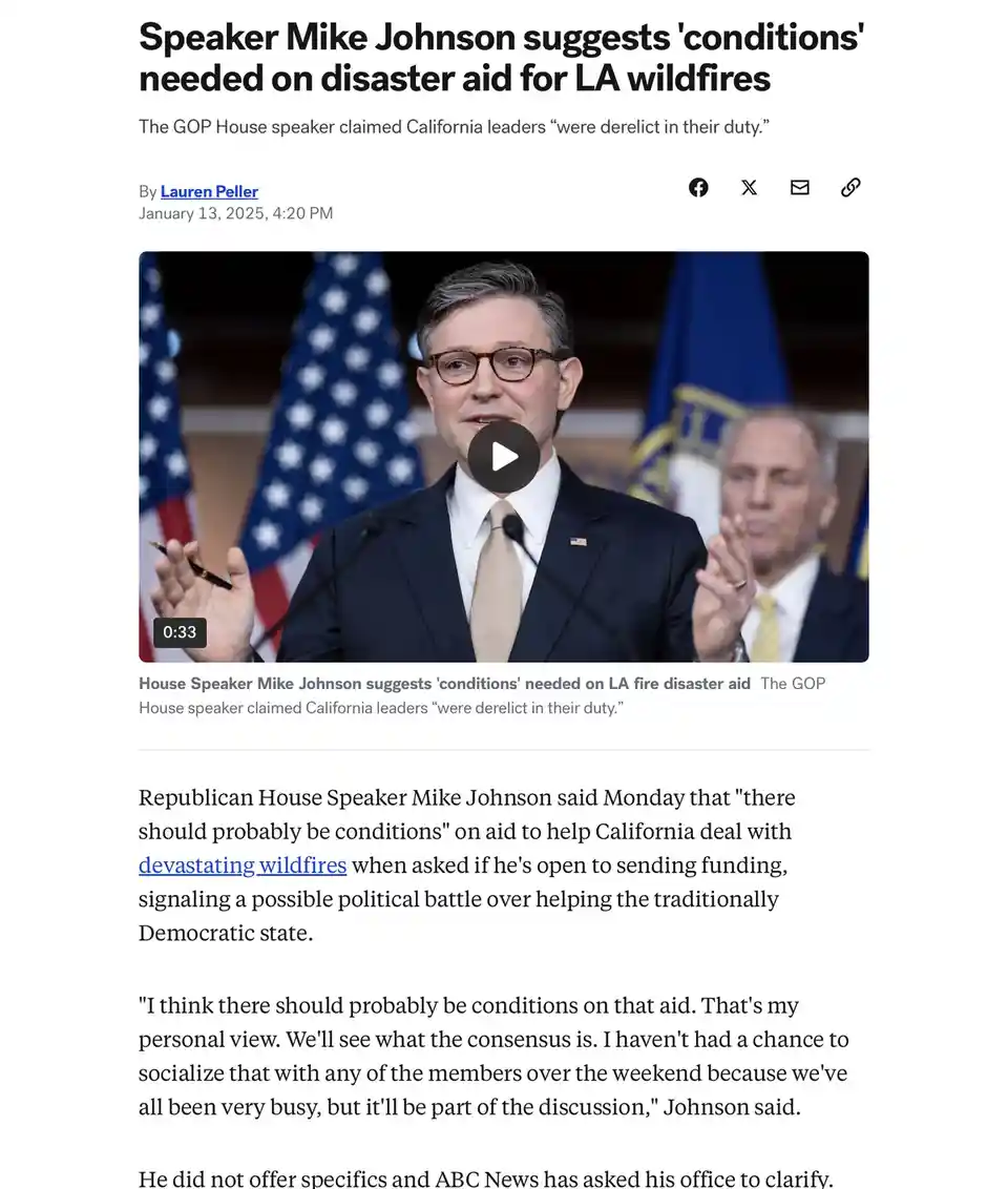 A screenshot of a news article shows a photo of Mike Johnson speaking at a podium with American flags behind him. The…
