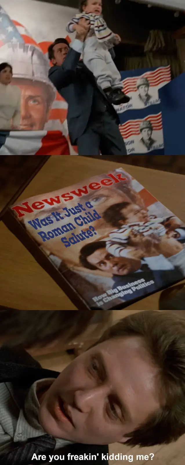 The meme combines three images: a man holding a crying baby in front of campaign posters, a Newsweek magazine cover with the…