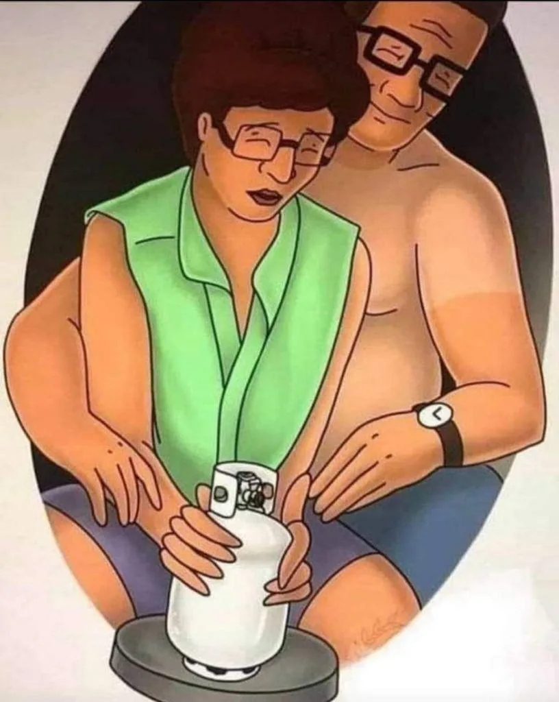 A cartoon image shows a woman in a green sleeveless shirt and glasses, holding a white propane tank on a stand while a…