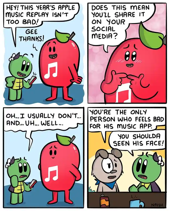 A four-panel comic strip featuring a green cartoon character and a red apple-shaped character with a musical note on its…