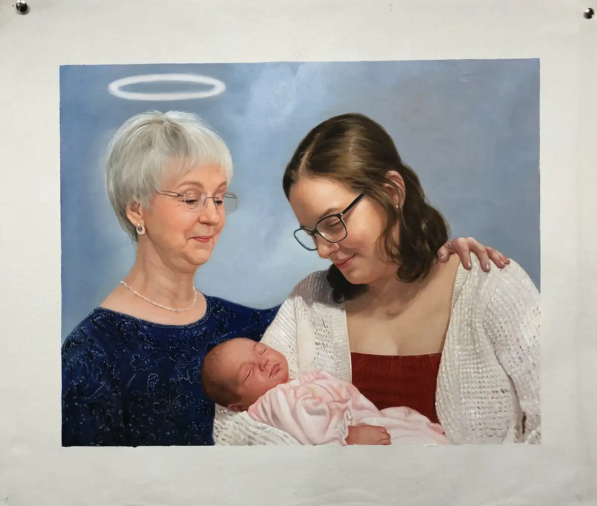 A painting depicts an elderly woman with a white halo above her head, standing beside a younger woman holding a sleeping…