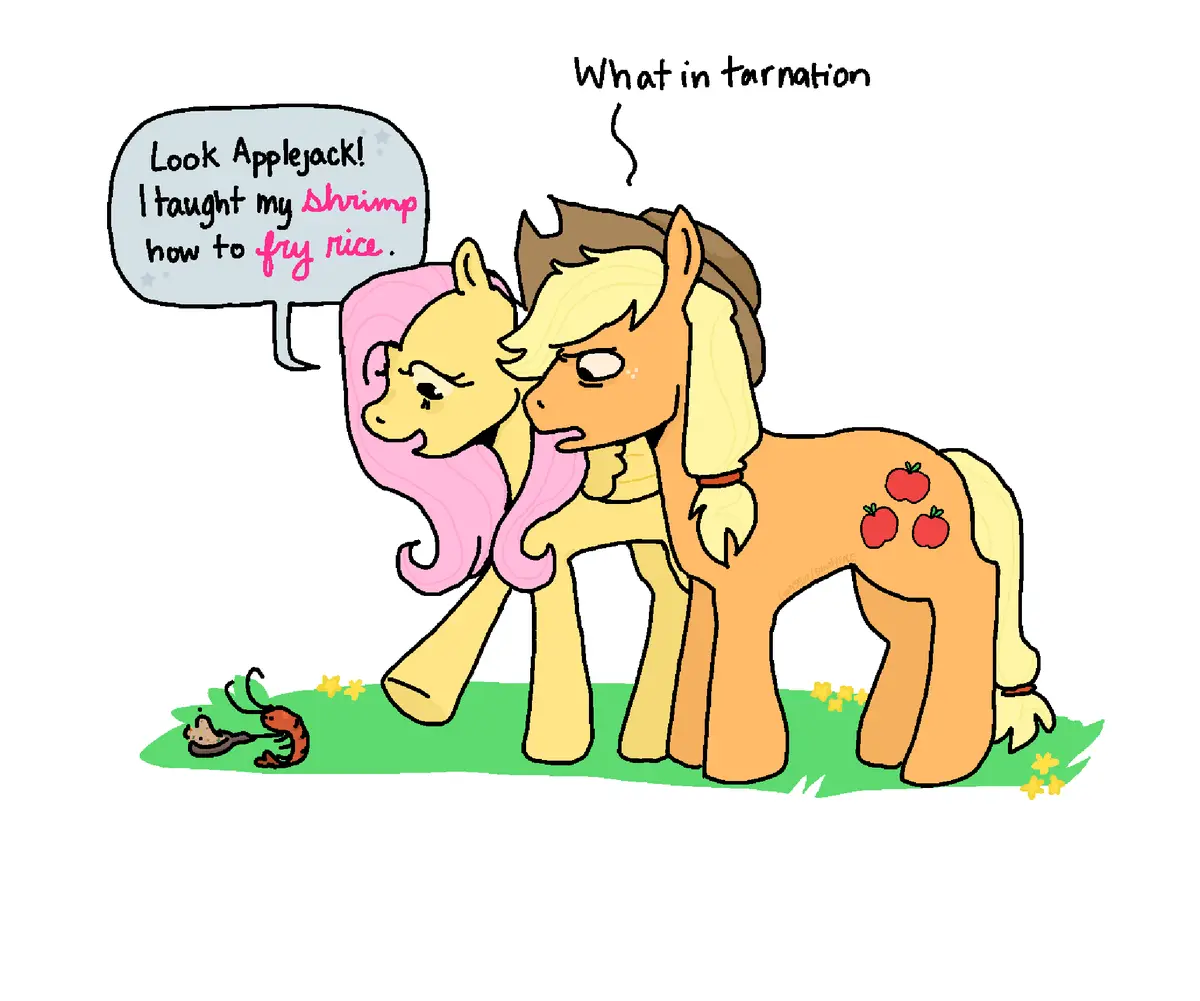 Two cartoon ponies stand on grass; one with pink mane excitedly points to a shrimp on the ground, saying 'Look Applejack! I…