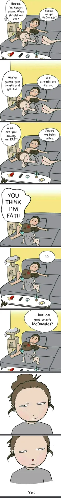 A comic strip shows a couple on a couch discussing food. The man suggests McDonald's, leading to a conversation about…