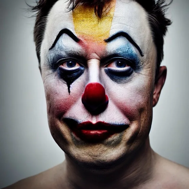 A close-up portrait of a man with a painted clown face, featuring white base makeup, exaggerated black eyebrows, a red nose…