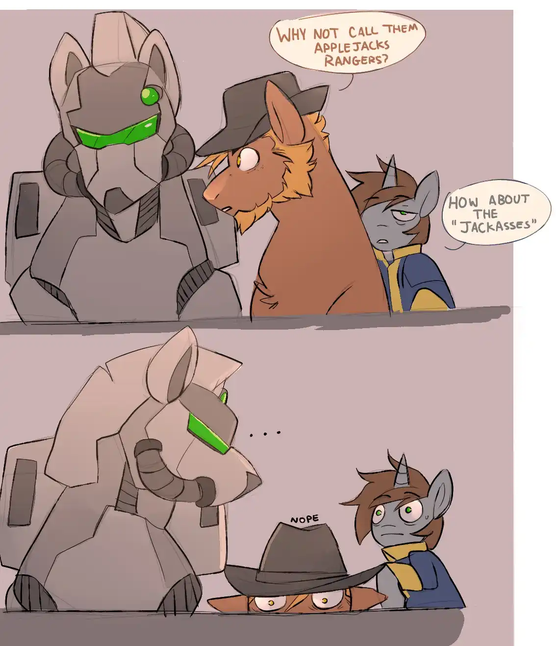 A two-panel comic featuring anthropomorphic characters. In the top panel, a robotic horse and a pony suggest renaming a…