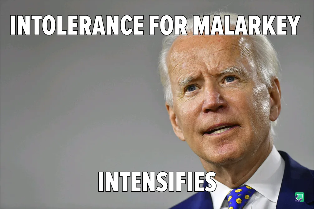 A close-up photo of Joe Biden looking slightly annoyed or exasperated, wearing a blue suit and a tie with yellow cartoon…