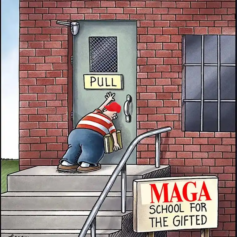 A cartoon depicts a man in a red hat and striped shirt, holding books, struggling to pull open a heavy door labeled 'PULL'…