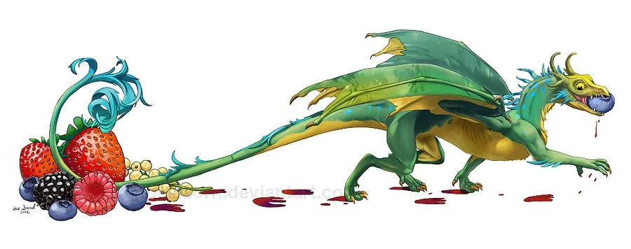 A green and yellow dragon with blue spines and horns is running, its long tail morphing into a decorative vine holding…