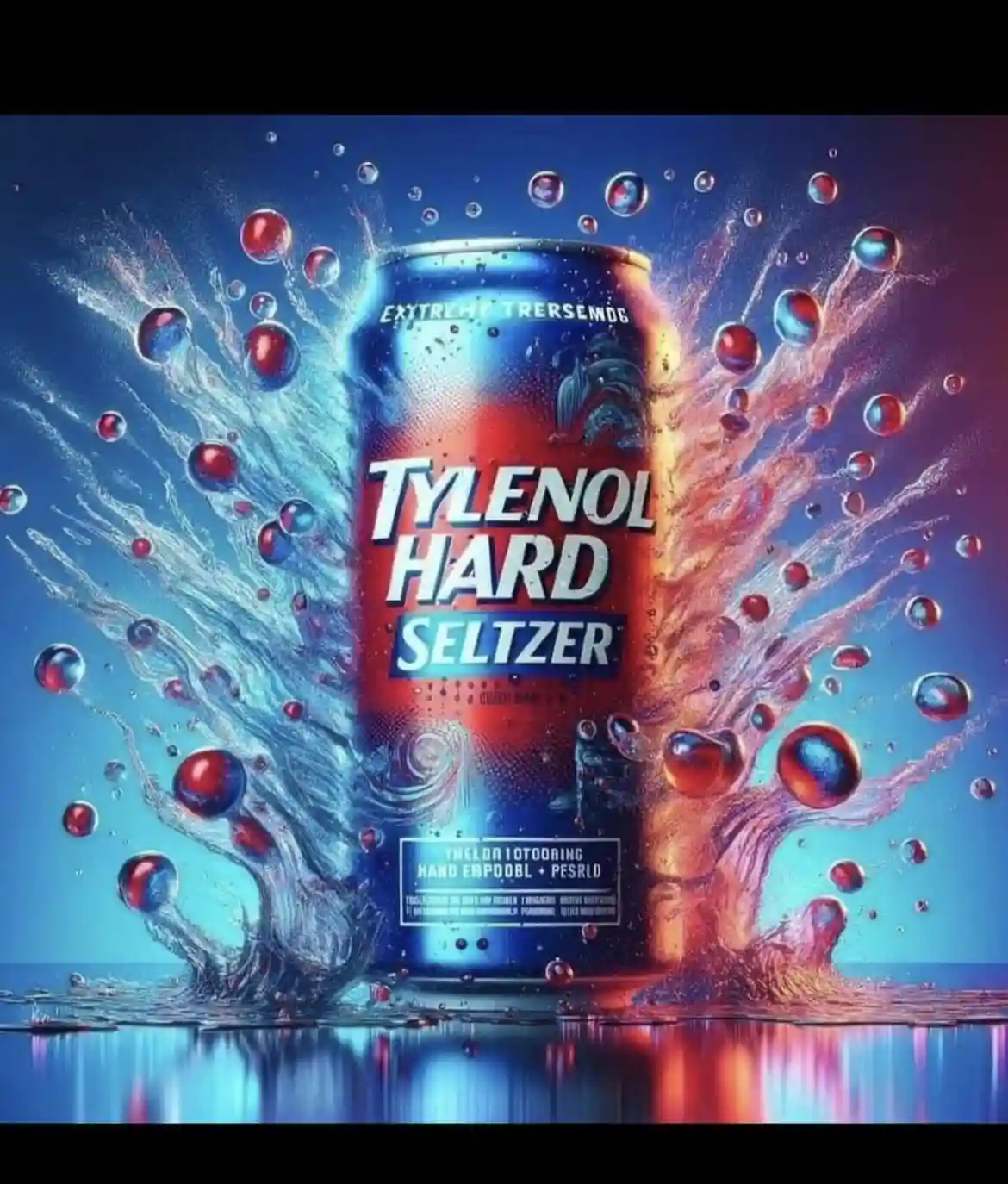 A stylized, vibrant advertisement for a fictional drink called 'TYLENOL HARD SELTZER' shown in a can with a blue and red…