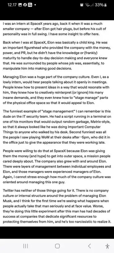 The image displays a long block of text describing the author's experience as an intern at SpaceX years ago, detailing how…