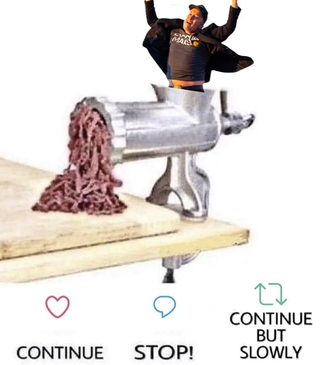 A man in a black jacket and cap is superimposed mid-air above a meat grinder that is extruding ground meat onto a wooden…