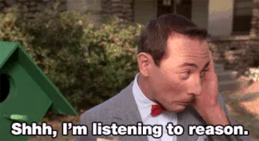 A six-panel meme featuring the same man in a grey suit and red bow tie, repeatedly holding his hand to his ear as if…