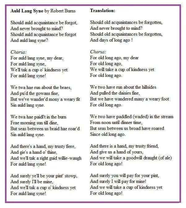 The image displays the original Scottish lyrics of 'Auld Lang Syne' by Robert Burns on the left, and an English translation…