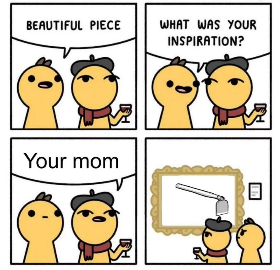 A four-panel comic featuring two yellow cartoon characters in a gallery. In the first panel, one character praises a…