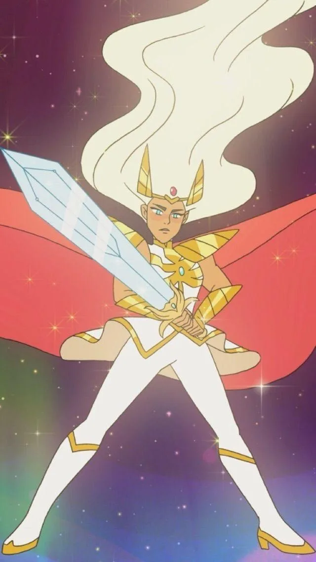 An animated female warrior with long white hair, golden armor, and a red cape stands in a starry cosmic background, holding…