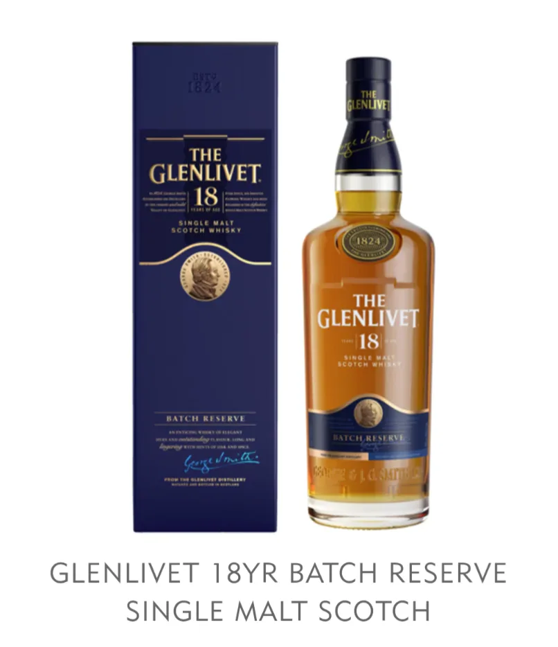 A product photo of The Glenlivet 18 Year Old Batch Reserve Single Malt Scotch Whisky bottle and its dark blue box, both…