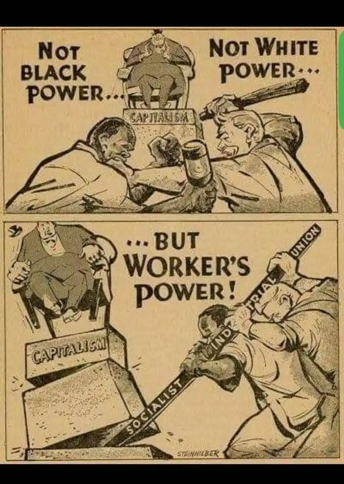 A two-panel vintage political cartoon shows two workers, one Black and one White, arm-wrestling over a pedestal labeled…