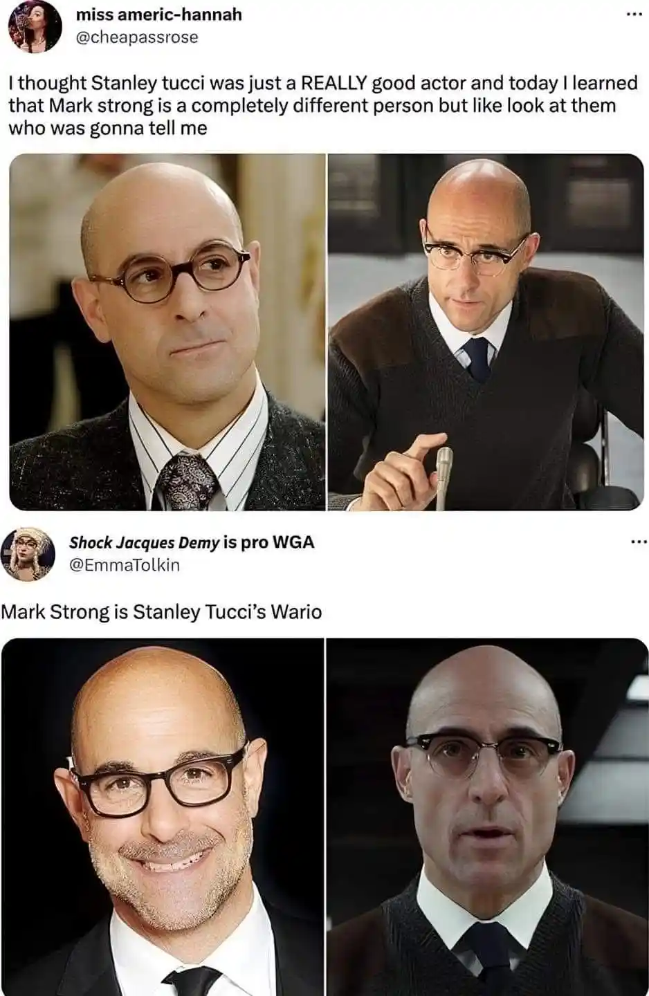 The image displays two side-by-side photos of actor Stanley Tucci, one smiling and one looking stern, followed by two photos…