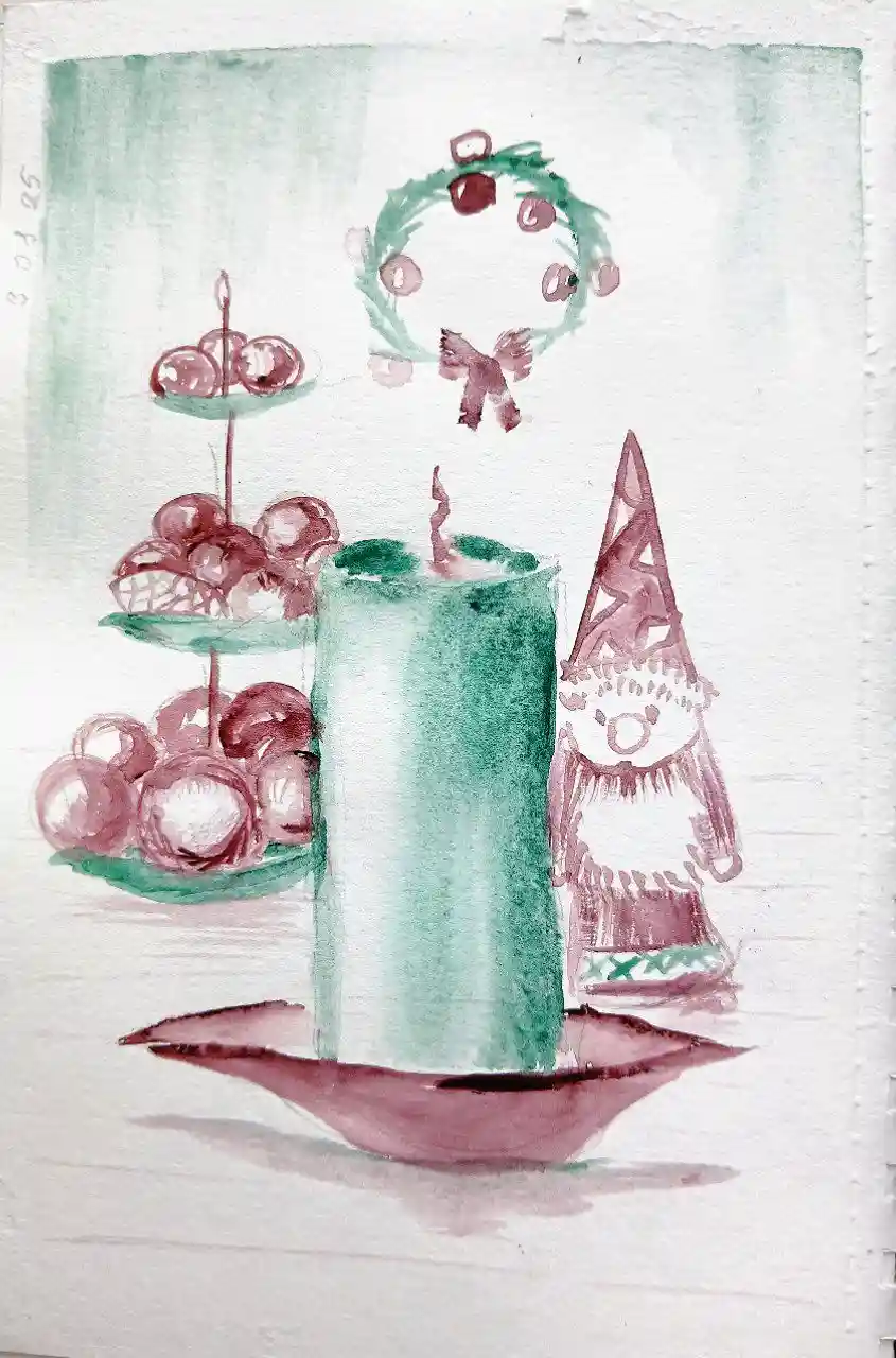A watercolor painting depicts a festive still life with a green candle in a holder, a tiered stand with red ornaments, a…