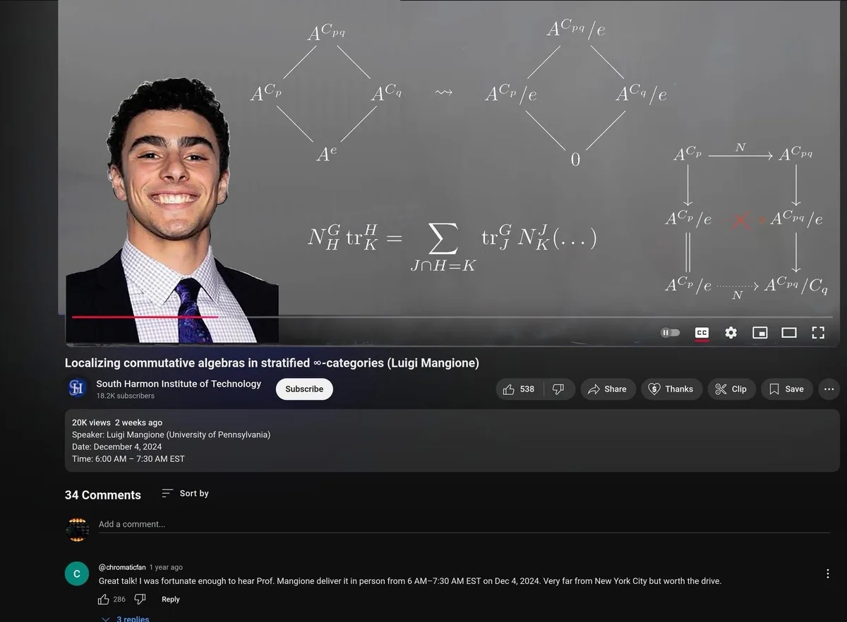 A screenshot of a YouTube video interface showing a lecture titled 'Localizing commutative algebras in stratified…