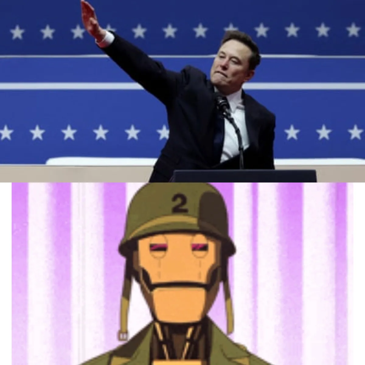 The image is split: the top half shows Elon Musk in a suit waving at a podium against a blue background with white stars…
