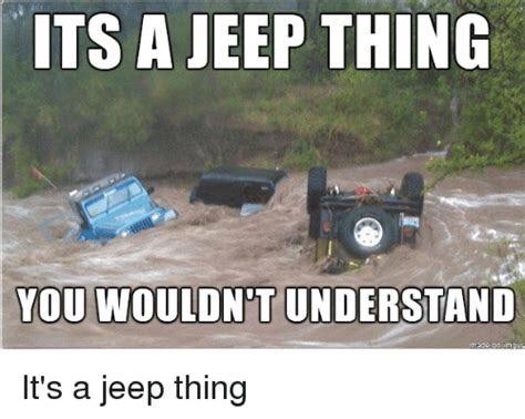 Three Jeeps are submerged and flipped upside down in muddy floodwaters. Large white text overlaid on the image reads 'ITS A…