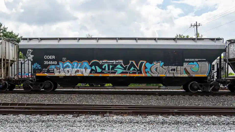 A side view of a black freight train car with graffiti art covering its surface, parked on railway tracks under a cloudy…