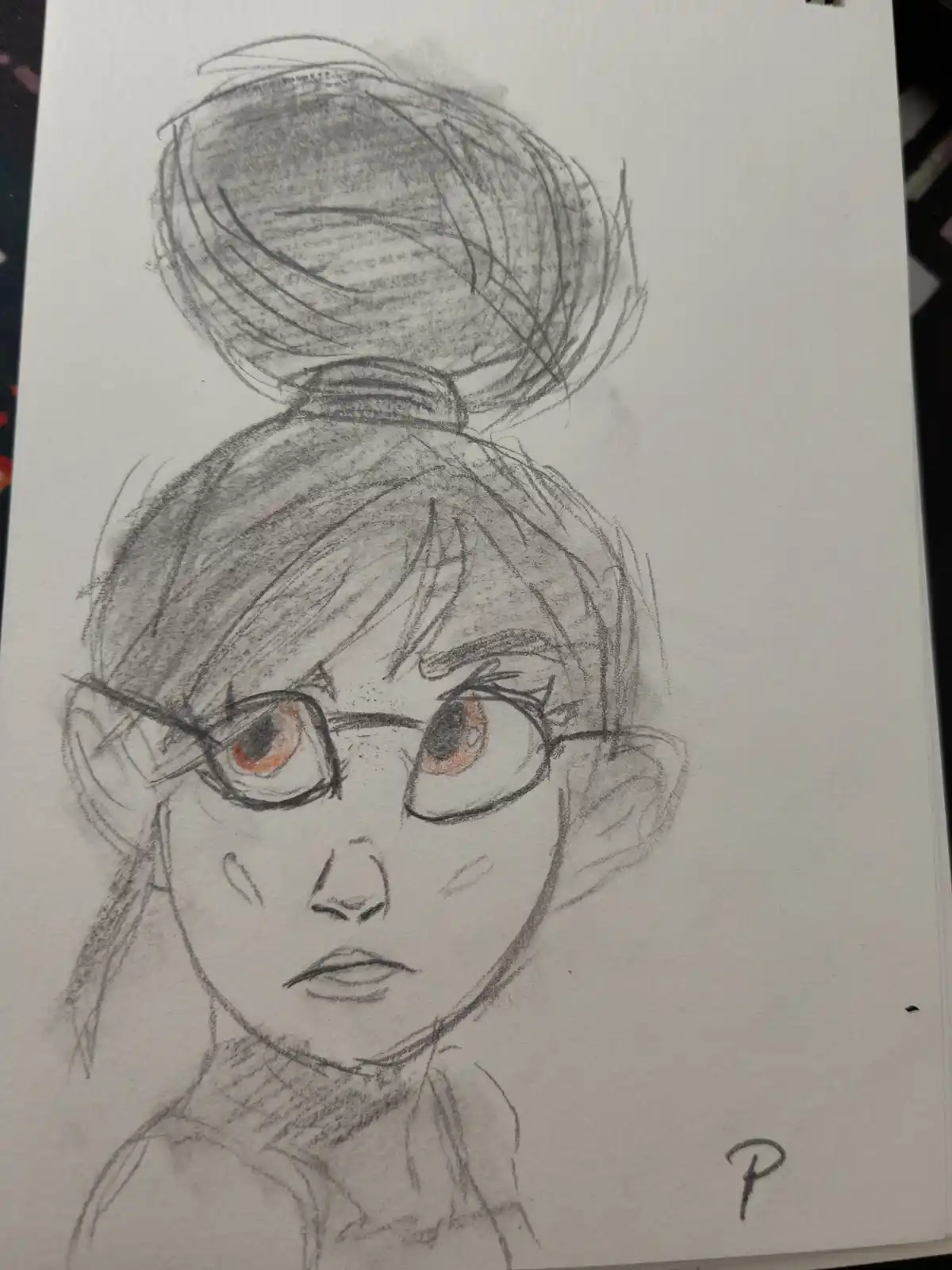 A pencil sketch of a person with glasses and hair in a messy bun, looking tired or annoyed, with the text 'i'm not lazy, i'm…