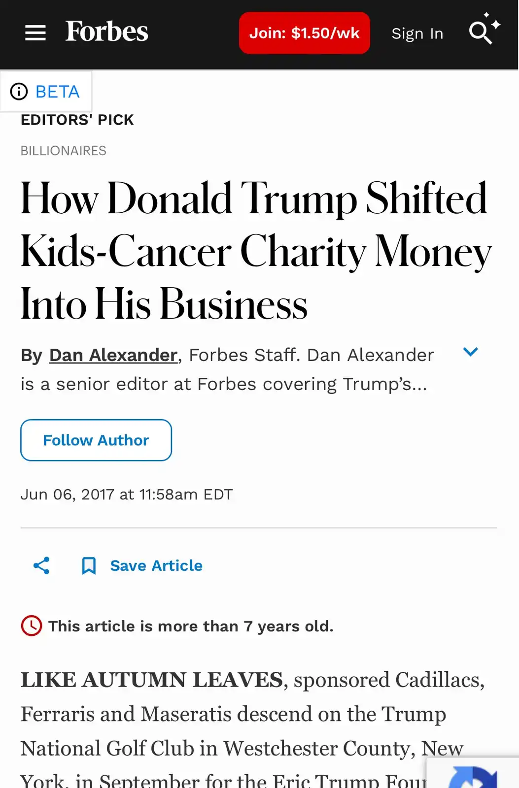 A screenshot of a Forbes article titled 'How Donald Trump Shifted Kids-Cancer Charity Money Into His Business' by Dan…