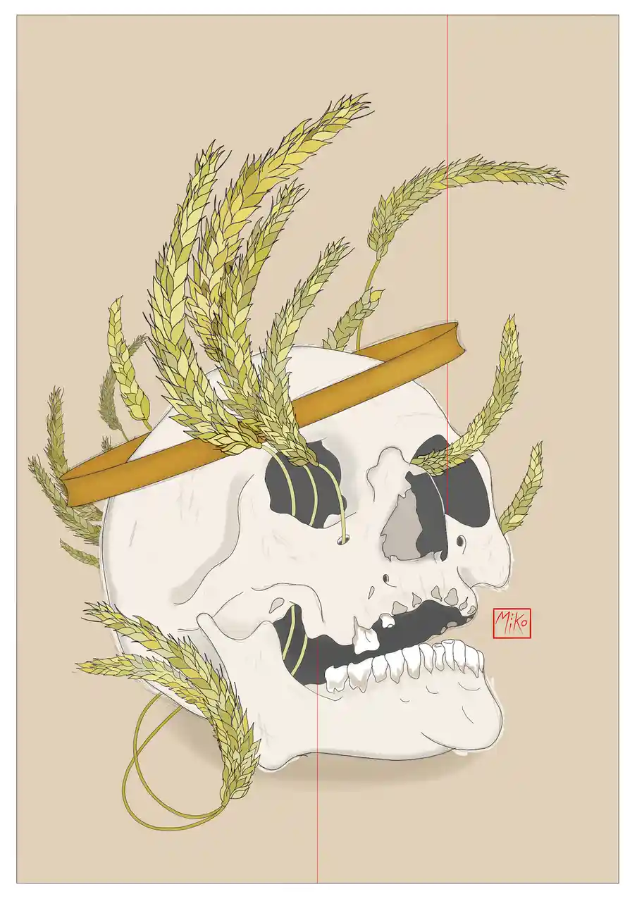 A stylized illustration of a human skull adorned with a crown made of golden wheat stalks and a wooden band, set against a…