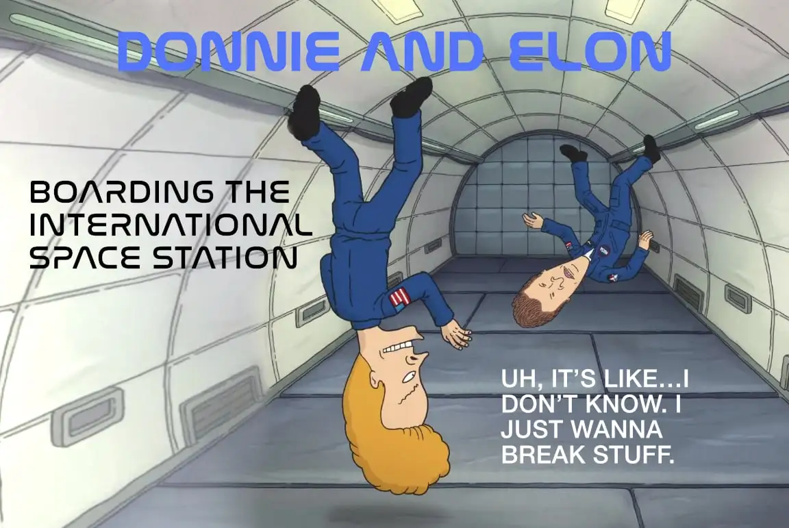Two cartoon astronauts float upside down in a space station corridor. The text reads 'DONNIE AND ELON' at the top, 'BOARDING…