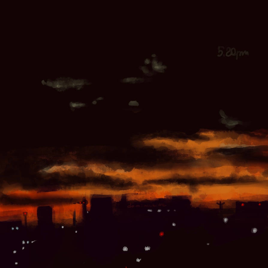 A dark, painterly cityscape at dusk with orange and black clouds, scattered city lights, and the time '5.20pm' written in…