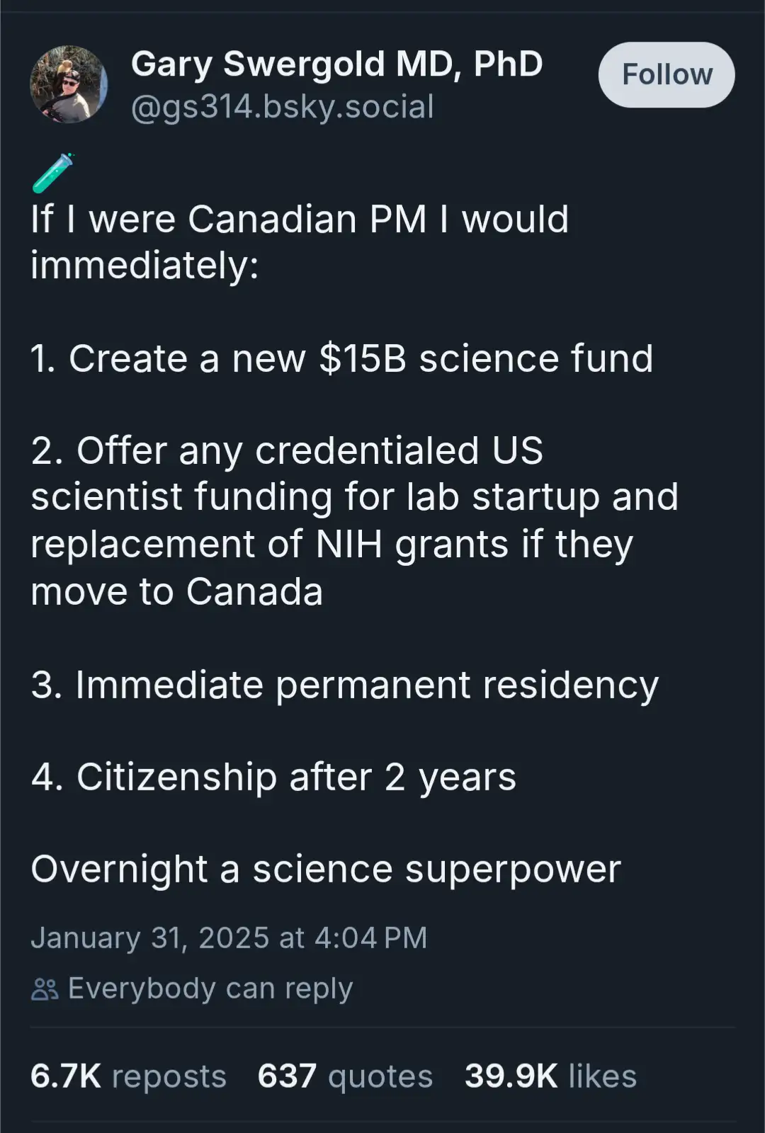 A screenshot of a social media post by Gary Swergold MD, PhD, outlining a hypothetical Canadian prime minister's plan to…