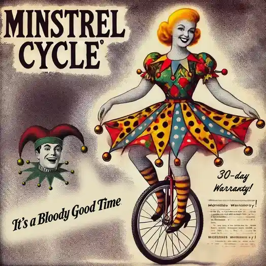 An old-fashioned advertisement for 'MINSTREL CYCLE' shows a smiling woman in a colorful jester outfit riding a unicycle…
